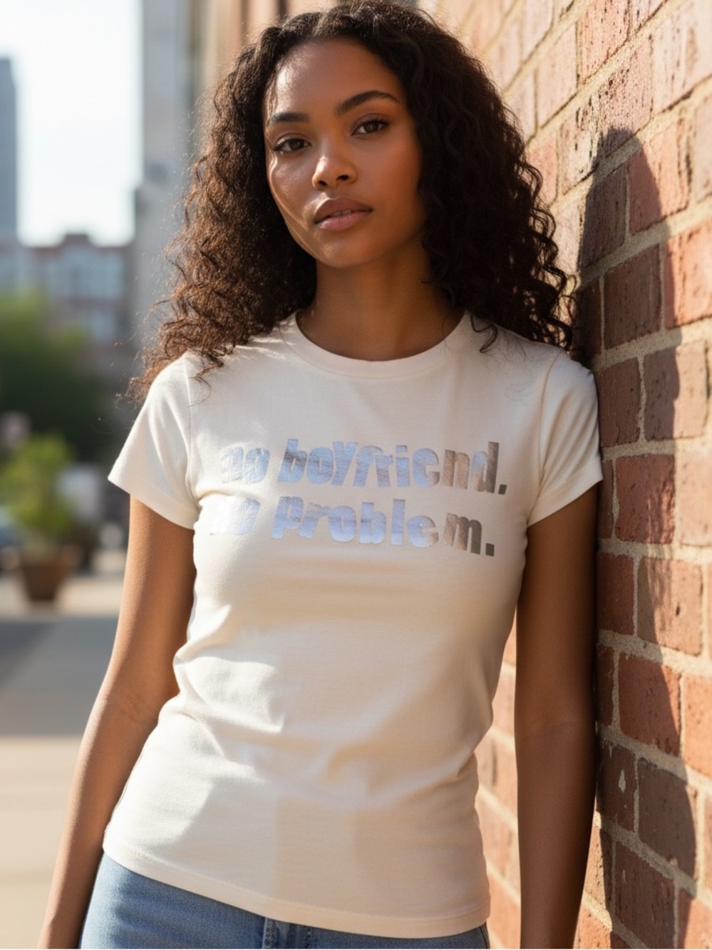 🤍 Y2K No Boyfriend No Problem Metallic Graphic Baby Tee S